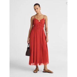 Madewell $168 Mesh Gathered V-Neck Midi Dress in Cherry Red Size XS